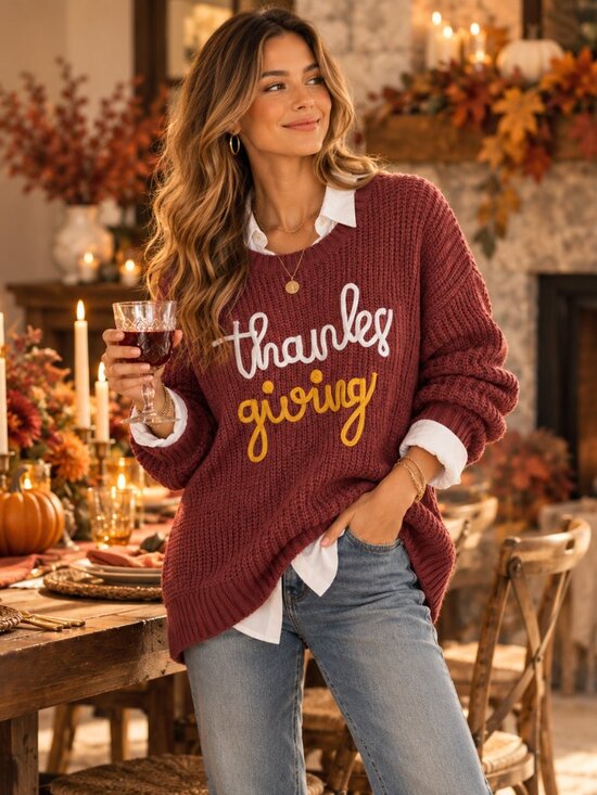 Sweaters - Trends Boutique On Main Sweater Womens L Brown Thanksgiving Embroidered Knit